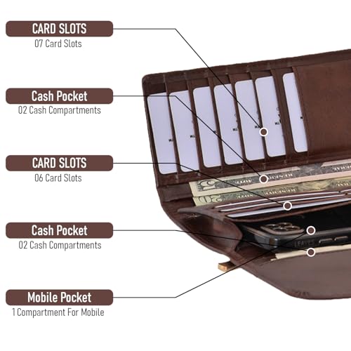 Genuine Leather Wallets for Women 2024 RFID Blocking Ladies Large Trifold Slim Clutch Brown Wallet for Women - 13 Card Slots, 4 Cash Slots - Fits iPhone 143