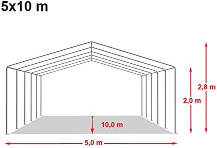 Diagram showing tent dimensions: 5m width, 10m length, 2m side height, 2.8m peak height.