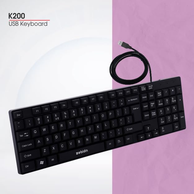 Image of Zebion K200 USB Keyboard Comes with 104 Keys Including 12 Dedicated Function Keys & Rupee Key, Long Life 1 Billion Keystrokes,Retractable Stand and Slim Design (Black)