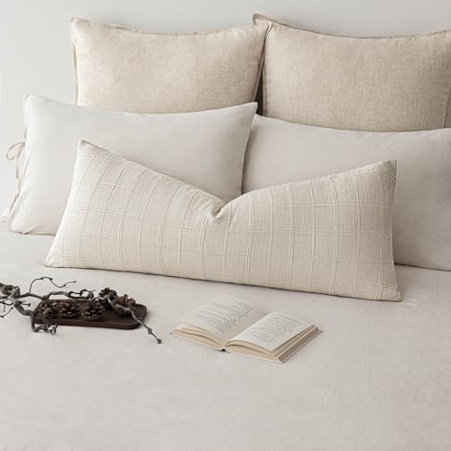 Foindtower Set of 1 Decorative Linen Check Throw Pillow Cover Neutral Long Body Lumbar Cushion Cover Farmhouse Vintage Home Decor for Sofa Chair Couch Bedroom Living Room,14×36 Inch,Natural Beige