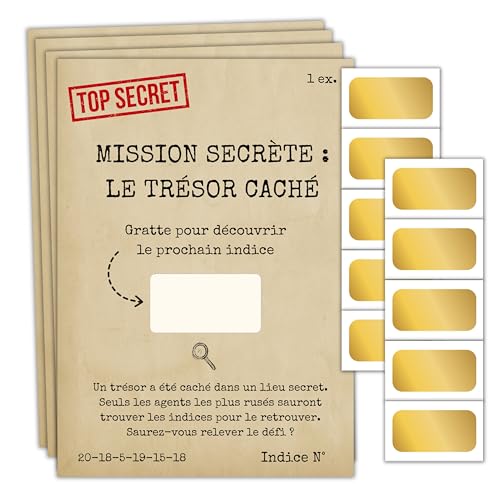 Milijou - Chasse au Trésor à Gratter pour Goûter ou Fête d'anniversaire - Activité Intérieur Extérieur Vacances Jeux pour Enfant 5-12 Ans - Thème espionnage -10 Cartes Personnalisables + 10 Pastilles