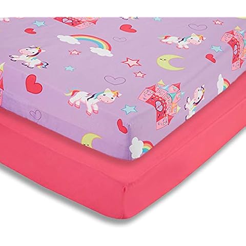 EVERYDAY KIDS 2 Pack Fitted Girls Crib Sheet, 100% Soft Breathable Microfiber, Baby Sheet, Fits Standard Size Crib Mattress 28in x 52in, Nursery Sheet - Unicorns/Hot Pink Cover
