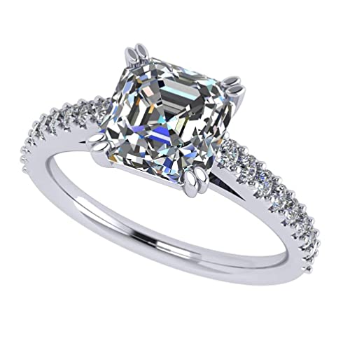 Nana Jewels Womens 2.00Ct Asscher Cut Cathedral Solitaire Engagement Ring, Rhodium-Plated-Silver, Size 7 #TOP18