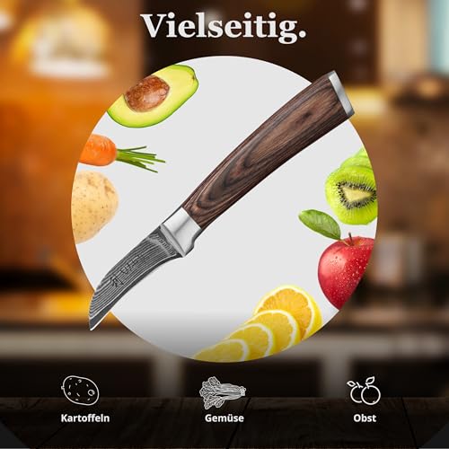 Foto von Wakoli EDIB Schälmesser aus echtem Damaststahl (VG10 Kern) mit 6 cm gebogener Klinge – Scharf & handlich – Damastmesser mit Pakkaholzgriff in Geschenkbox – Tourniermesser für Obst & Gemüse