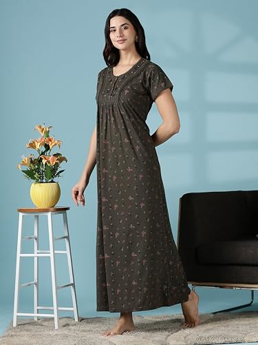 Image of 9shines Label Stylish Cotton Blend Embroidered Maxi Nightdress for Women with Pocket| Full Length Nightwear| Premium Nightdress| Comfortable Nightwear(5256)