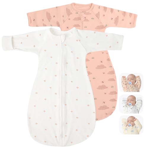 Image of 2 Pack Transitional Baby Swaddling Sacks with Arms Up Length Sleeves & Mitten Cuffs, Sleeping Sack Bag 2 Ways Zipper, Wearable Swaddle Blanket for Newborns Baby Snug Fit Calms Startle Reflex