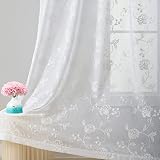 AliFish White Sheer Curtain for Living Room Loral Embroidered Rod Pocket Voile Panel Linen Blend Mor
