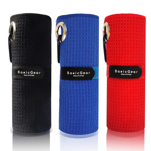 BasicGear Golf Towel with Carabiner Clip, 3 Pack, 16x16 in, Black/Red/Blue - image 1