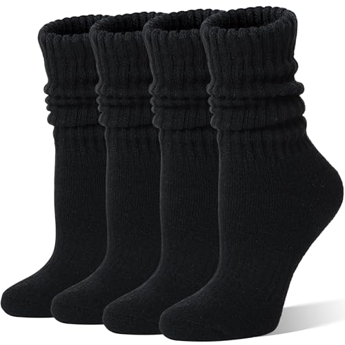EBMORE Womens Black Merino Wool Slouchy Boot Socks Thermal Warm Winter Thick Scrunch Slouch Cozy Crew Gifts Socks 4 Pairs Stocking Stuffers(Black M)