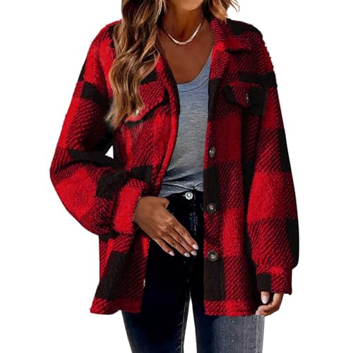 Image of ChicCrate Womens Flannel Shacket Jacket Casual Plaid Long Sleeve Shirt Trendy Oversized Coats Fall Clothes Winter Outfit 2024, D Red, L