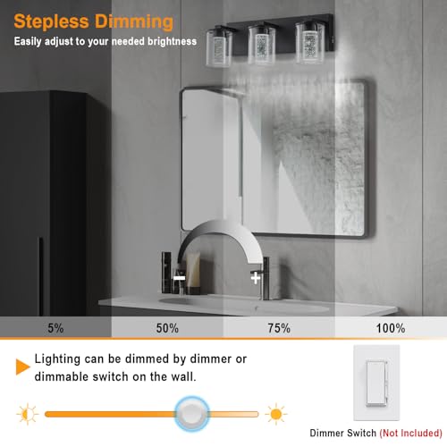 Image of SineRise Bathroom Vanity Light with 3 Color Modes (3000K /4000K /6000K), Eye Protection LED Bathroom Light Fixture, Dimmable Modern Wall Light Over Mirror with Clear Glass Shade (Black, 3-Light)