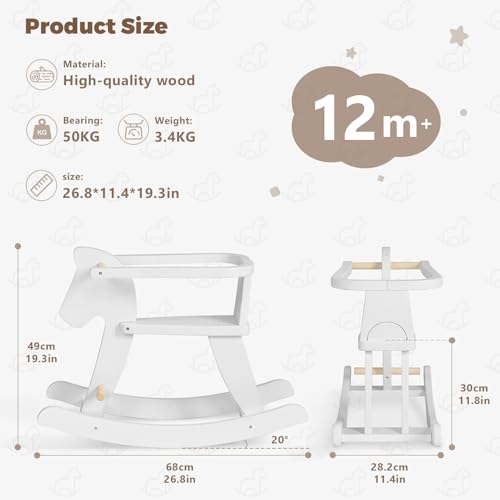 Labebe Baby Schaukelpferd Holz, Weiß Klassisch Schaukeltier, Chic Schaukel Pferd Kinder, Schaukelspielzeug Kleinkind Spielzeug Schaukelstuhl Junge und Mädchen ab 1 Jahr