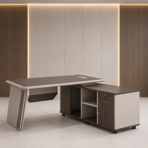 Image of Modern Executive Office Desk with Side Storage Cabinet, Premium CEO Manager Table in Walnut & Beige Finish for Luxury Office Cabin Furniture (LDL-794 MDFL L8W3)