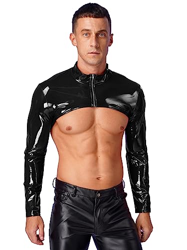 Man's Breathable Faux Leather Clubwear Long Arm Sleeves Open Front Zipper Shrug Half Tank Top2