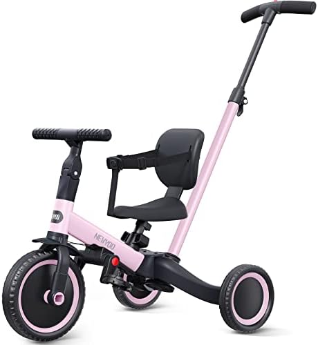 newyoo 5 in 1 Tricycles for 1-3 Year Olds, Toddler Bike, Gift & Toys for Boy & Girl, Baby Balance Bike, Toddler Tricycle with Parent Steering Push Handle, Backrest & Safety Belt, Pedals, Pink