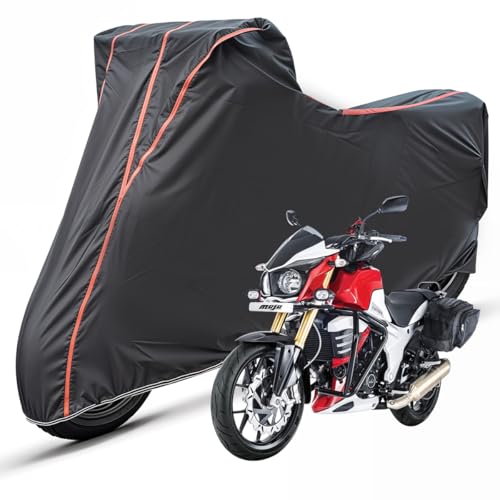 Image of Two Wheelers Bike Body Cover Compatible for Mahindra Mojo, UV Resistant, Dustproof, Triple Stitched, Elastic Bottom, Red Piping Motorcycle Cover (Black, Pack of 1)