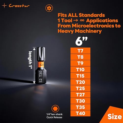 Image of Crosstar 16 Pcs 1 inch Impact Torx Bit Set, S2 Steel Magnetic Security Star Bits, Tamper Proof Torx Screwdriver Bits with CNC Tips for Drill /Driver, Automotive, Woodworking & Home Repair