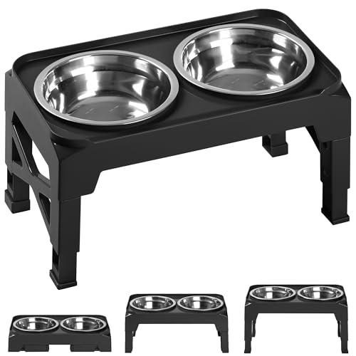 Hubulk Elevated Dog Bowls with 2 Stainless Steel Dog Food & Water Raised Bowls with No Spill Edge Non-Slip Stand Adjusts to 3 Heights(2.75", 6.0", 7.5") for Small Medium Dogs and Pet