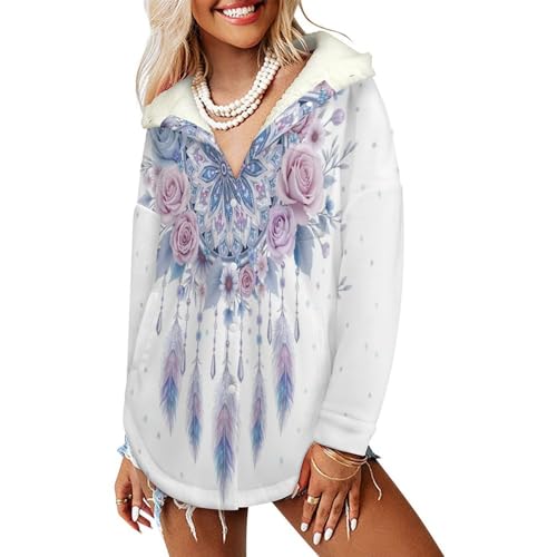 Manteaux polaire femme style bohème chaud avec sweat a capuche oversize bleu-violet