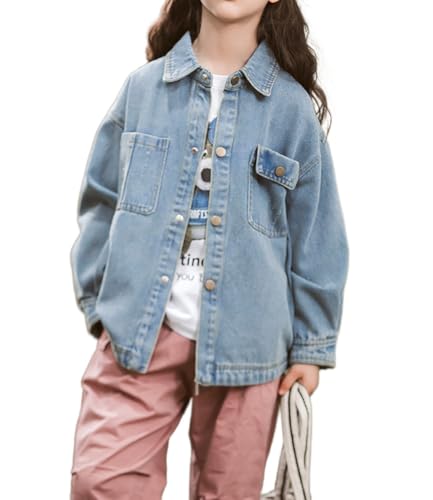 ASHER FASHION Vintage Girls Jean Jacket Long Sleeve Button Down Denim Jackets Coat with Pockets Shacket Fall Outwear