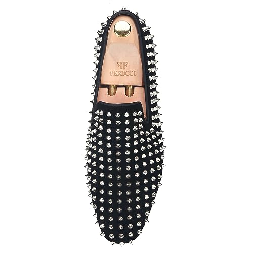 FERUCCI Men Black Velvet Slippers Loafers Flat with Silver Spikes4