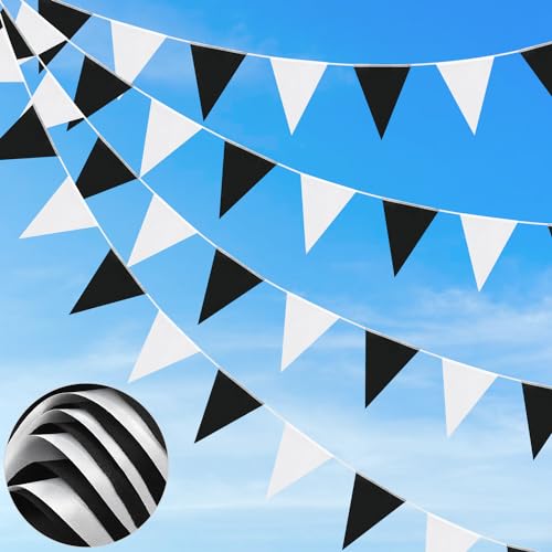 Banderines de 66 pies, 52 banderines triangulares de tela de poliéster impermeable, banderines reutilizables, banderines negros y blancos para fiestas, decoraciones de fiesta, cumpleaños, jardín al