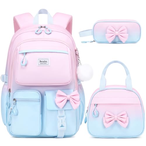 Bevalsa Backpack for Girls, Cute Bow School Bags with Lunch Bag & Pen Case