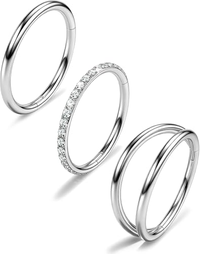 MS CUTE 316L Stainless Steel Nose Ring Set 3PCS Nose Hoops with Cubic Zirconia 20G/18G Silver/Black/Gold 7mm/8mm Sizes Seamless & Hinged Design for Sensitive Skin Jewelry