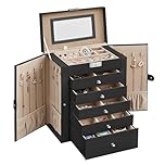 SONGMICS 6-Tier Jewelry Box Organizer with 5 Drawers, Lockable Jewelry Storage Case with Mirror, Necklace Hooks, Watch Storage, Large Capacity, Gift for Loved Ones, Black UJBC152B01