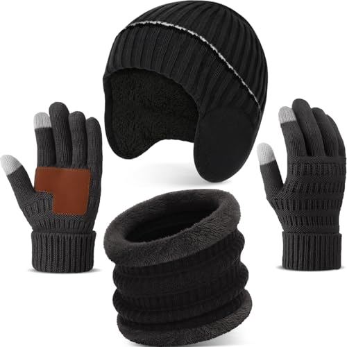 Tivi Tovo 3 Pack Winter Hats Scarf Touchscreen Gloves Set Beanie Windproof Knit Ski Cap for Men Women Valentines Gifts(Black)