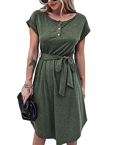 BebreezChic Damen Sommerkleid Knielang Kurzarm Hohe Taille Freizeitkleid...