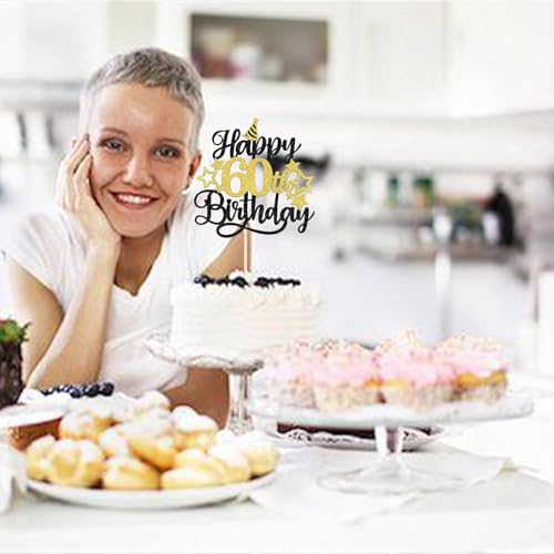 Image of Confetti! Glittering 60th Birthday Cake Topper with Star Hat - Cheers to 60 Years! Fabulous Cake Decorations for elders 60th Birthday & Anniversary Party Supply