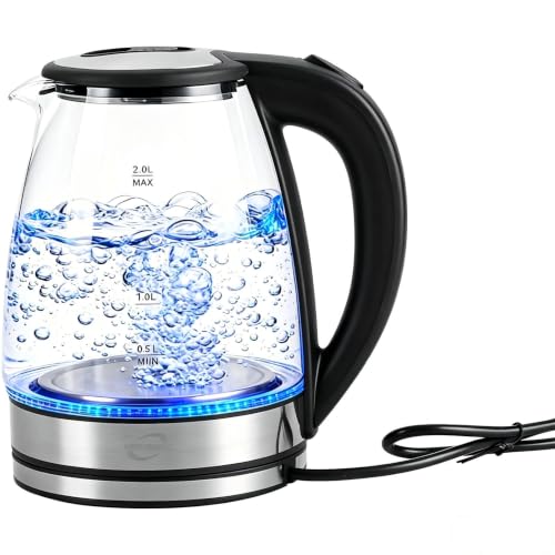 Multibao Electric Glass Kettle 2L 1800W Fast Boiling Tea Kettle Hot Water Boiler with Auto Shut Off Boil-Dry Protection BPA-Free Plastic-Free Interior Blue LED Light UKCA and ROHS approved