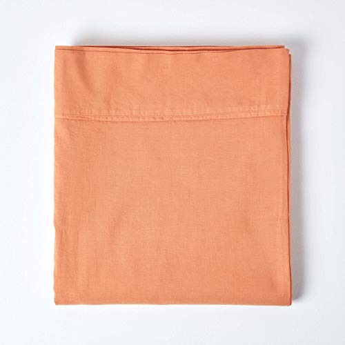 HOMESCAPES Luxury Soft Linen Flat Sheet Plain Burnt Orange Textured Linen Sheet Natural French Flax Fibre Linen & Pure 100% Cotton Blend - Image 2