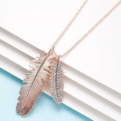 Lateefah Rose Gold Feather Pendant Necklace - 2 Feathers Aaaaa Cz Drop Simulated Plume Statement Y Necklace For Women Long Chain Pendant Necklace … …… #TOP2