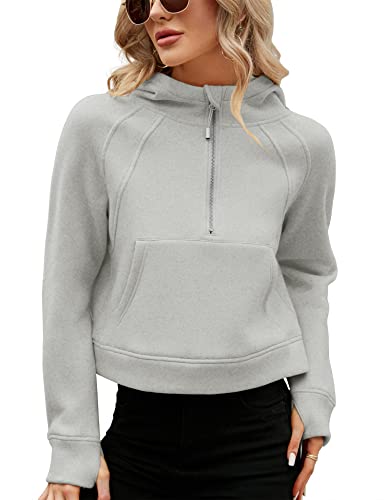 Micoson Womens Halloween Eco Crop Hoodies Warm High Neck 1/2 Zip Sweatshirts Long Sleeve Cozy Fleece Pullover Pockets (Grey,L) #TOP13