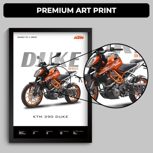 Image of Funk You Store KTM Duke 390 Poster | Framed KTM A4 Sized (31 x 23 cm) | Duke Bike Poster for Wall, Gift for Boys, Bike Frame | Motorbike Posters for Wall, Bedroom, Hostel, Study Room