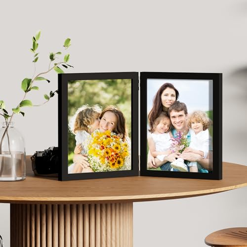 decorUhome Double 8x10 Picture Frame Vertical, Engineered Wood Bifold Photo Frame with Plexiglass for Tabletop Display, 8x10, Black