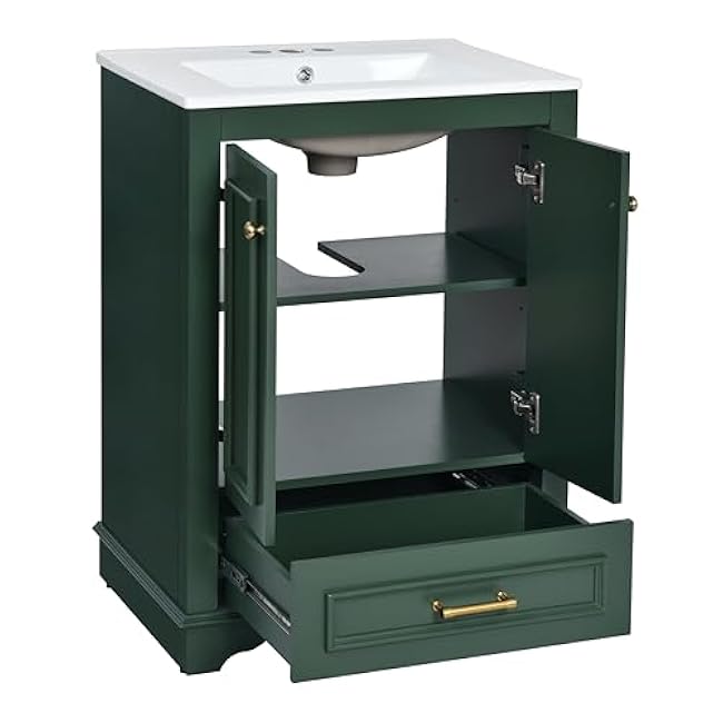 Maximize Storage with 24'' Bathroom Vanity and Ceramic Sink Combo, Modern Freestanding Cabinet with Adjustable Shelves and Soft Closing Doors, Green