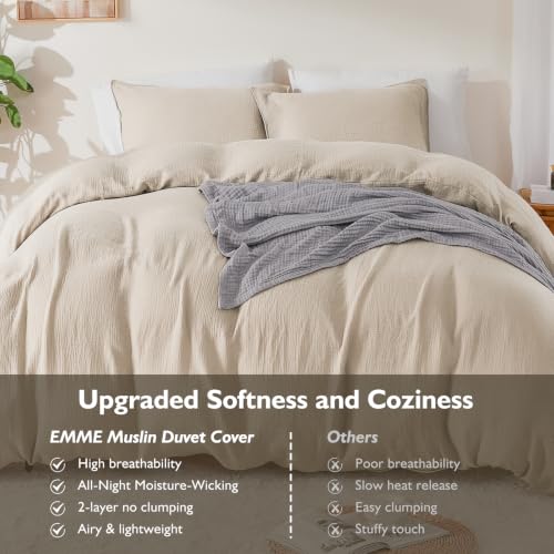 Image of EMME Muslin Cotton Duvet Cover Set Linen Like Beige King