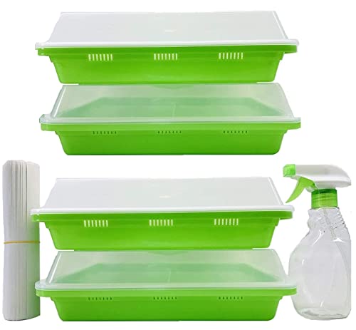 Pack of 4 BPA Free Hydroponics Soilless Seeds Sprouter Microgreen and Seed Germination Double Tier Grow Trays with Spray Bottle and 20 Sheets Grow Paper