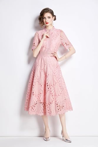 LAI MENG FIVE CATS Women's Retro Elegant Floral Lace Crew Neck Crochet Waist Cocktail Party Midi Dress2