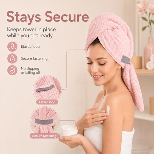Image of Large Hair Towel Wrap for Women, Quick-Dry Turban, Ultra Absorbent & Anti-Frizz, Ideal for Long, Thick & Curly Hair, Soft Lightweight Microfiber Drying Towel (24x42, Pink)