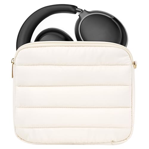 Geekria NOVA Headphones Puffy Pouch Compatible with Bose QC Ultra, JBL Tour One M3, Skullcandy Hesh ANC, Soft Shell Replacement Protective Travel Carrying Bag with Cable Storage (Ivory)