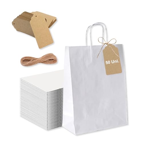 Espirito Rebelde – 50 bolsas de papel blanco con asas, Fio Yute y 50 etiquetas Kraft para regalos y fiestas – 25 x 10 x 32 cm