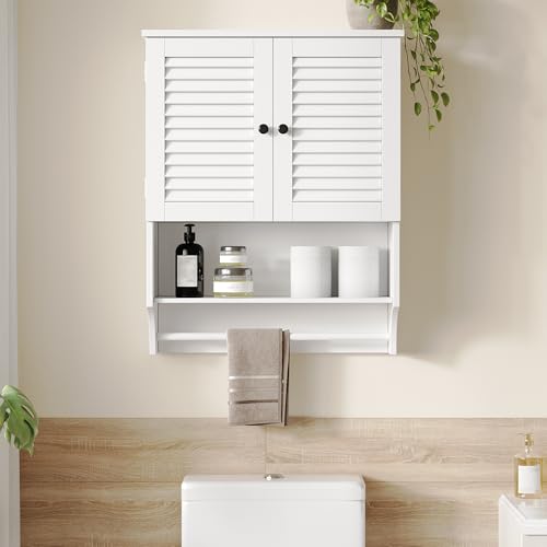 ChooChoo Medicine Cabinet with Towels Bar, 23.6" L x 8.8" W x 29.5" H MDF Material Bathroom Wall Cabinet, 2 Doors Over The Toilet Space Saver Storage Cabinet with Large Space, White - Image 2