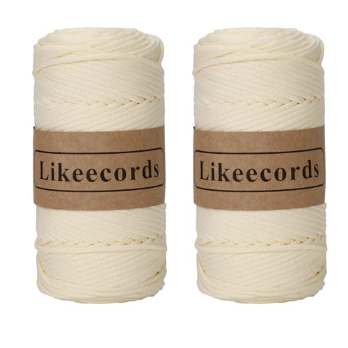 Likeecords 2 Rollen Makramee Garn 4mm x 130m Premium Polyester Kordelband Polypropylene Yarn Nylonschnur für Handwerk Häkelgarn für Taschen Wohndekorationen Umhängetasche Handtasche （Bianco latteo）