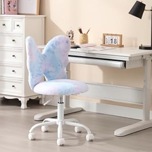 Chairus kids desk chair butterfly faux fur study chair for teenage girls adjustable kids vanity chair for bedroom reading living room small cute student task chair with white foot baby blue  urban country home decor
