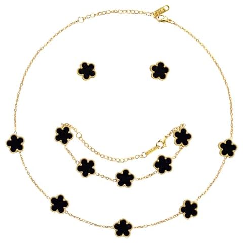 AmorArtSky Lucky Clover Necklace Jewelry Sets,18K Gold Plated Flower Design Five Leaf Bracelet,Clover Necklace Pendant,Clover Earrings for Women Lucky Gifts for Mom,Wife, Daughter,Friends Cover