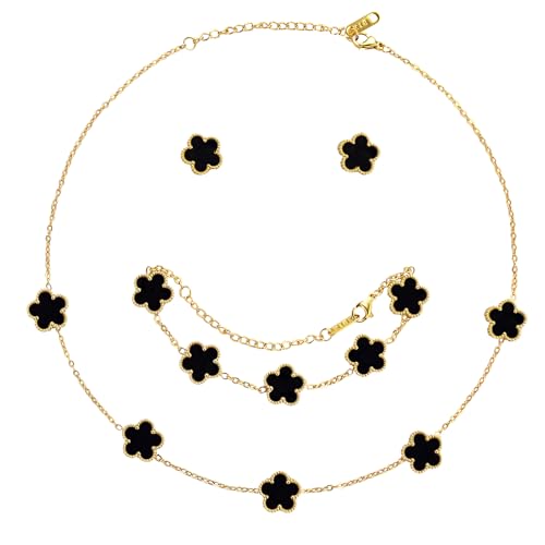 AmorArtSky Lucky Clover Jewelry Set - 18K Gold Plated Flower Design Five Leaf Bracelet, Necklace Pendant, Earrings for Women - Lucky Gifts for Mom, Wife, Daughter, Friends